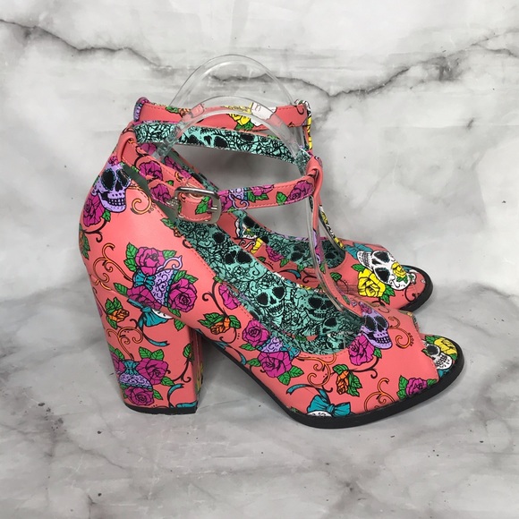 Iron Fist Shoes - Iron Fist sugar skull T strap peeptoe pumps 9